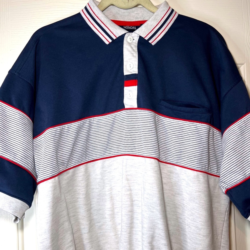 Vintage Honors Mens XL Colorblock Polo Shirt Navy Grey Red Striped 90s Retro‎